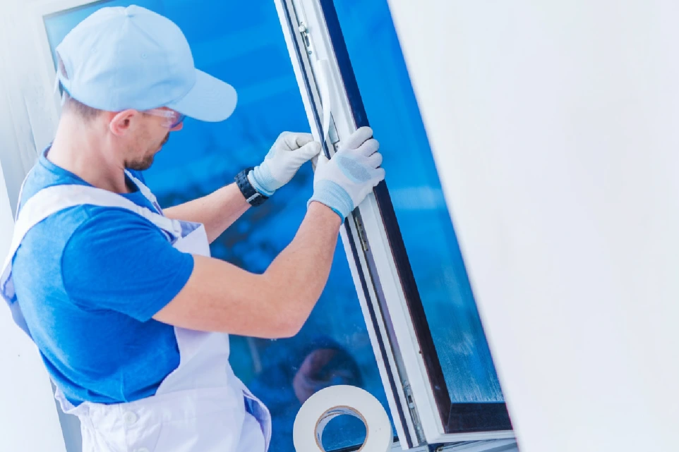 Installer applying foam gasket tape on door frame for sealing