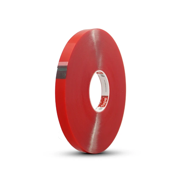 Clear acrylic foam tape with red release liner for invisible structural bonding — BiTape 510T